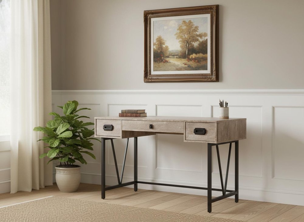 47" Taupe and Black Computer Desk With Three Drawers HomeRoots