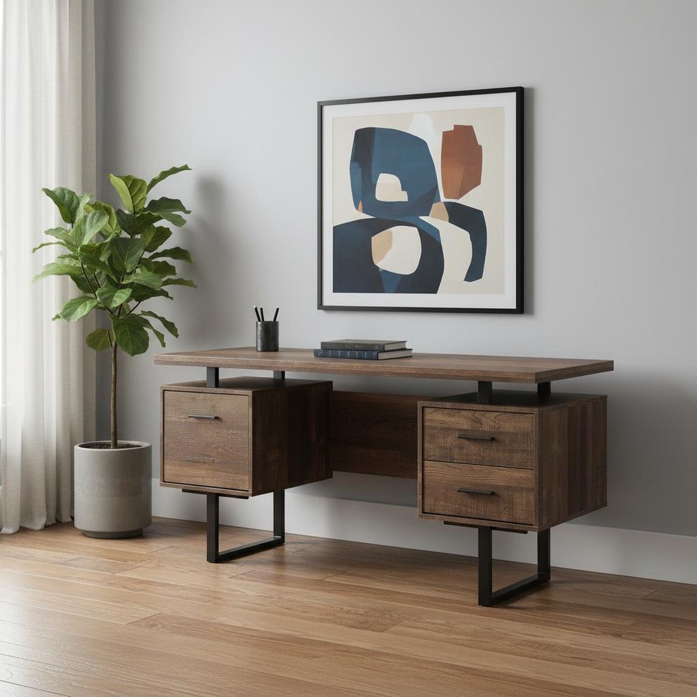 60" Gray and Black Computer Desk With Three Drawers HomeRoots