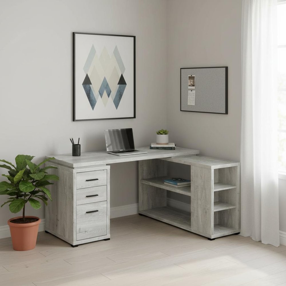 60" Taupe L Shape Computer Desk With Three Drawers HomeRoots