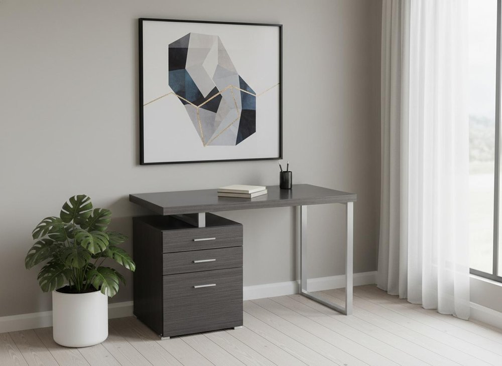 47" Gray and Silver Computer Desk With Three Drawers HomeRoots