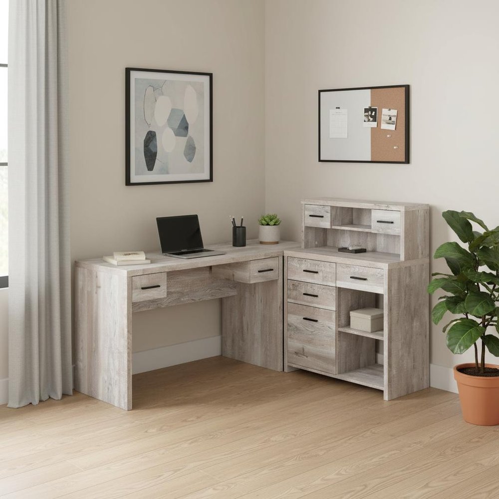 63" Taupe L Shape Computer Desk With Eight Drawers HomeRoots