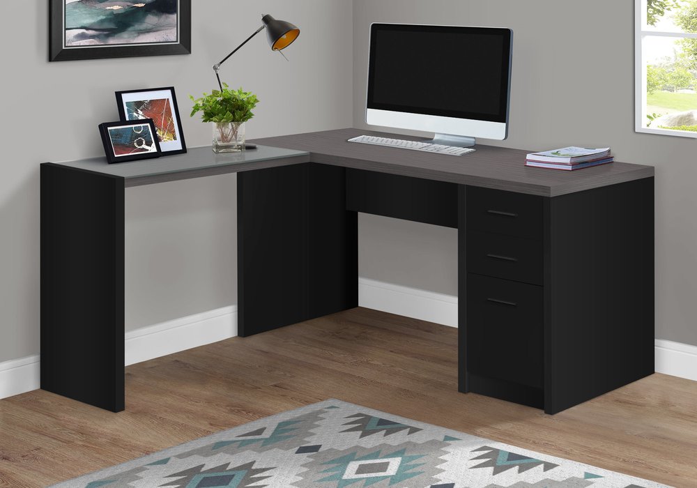 60" Gray and Black L Shape Computer Desk With Three Drawers HomeRoots