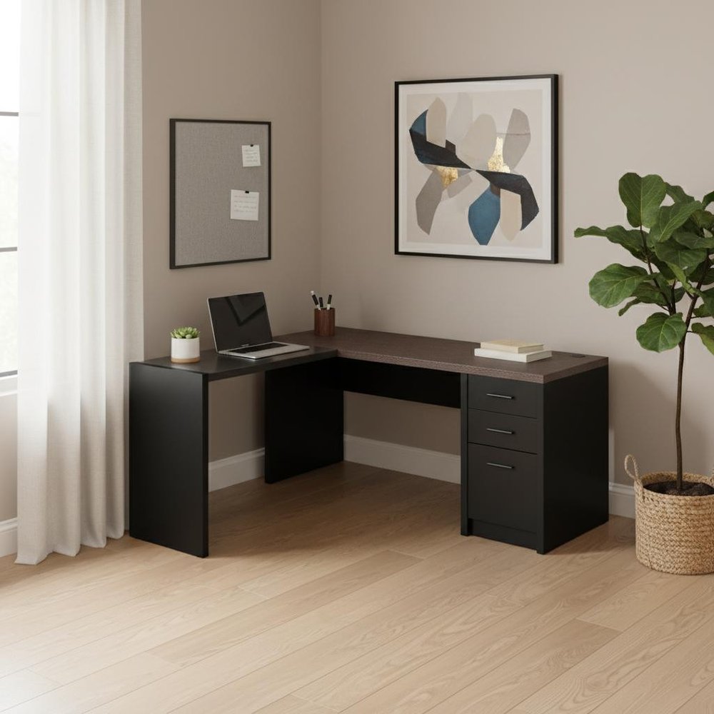 60" Gray and Black L Shape Computer Desk With Three Drawers HomeRoots