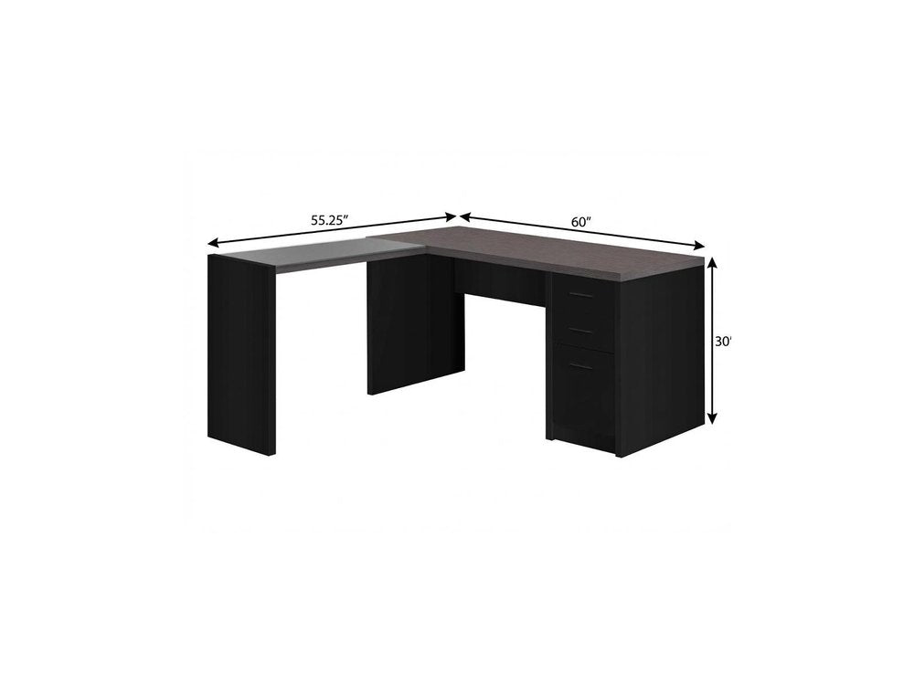 60" Gray and Black L Shape Computer Desk With Three Drawers HomeRoots