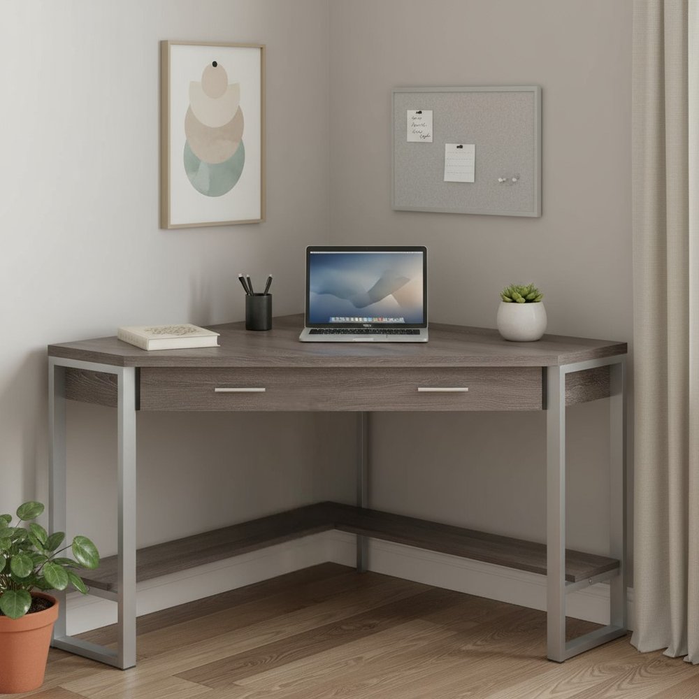 42" Taupe and Silver Corner Computer Desk HomeRoots
