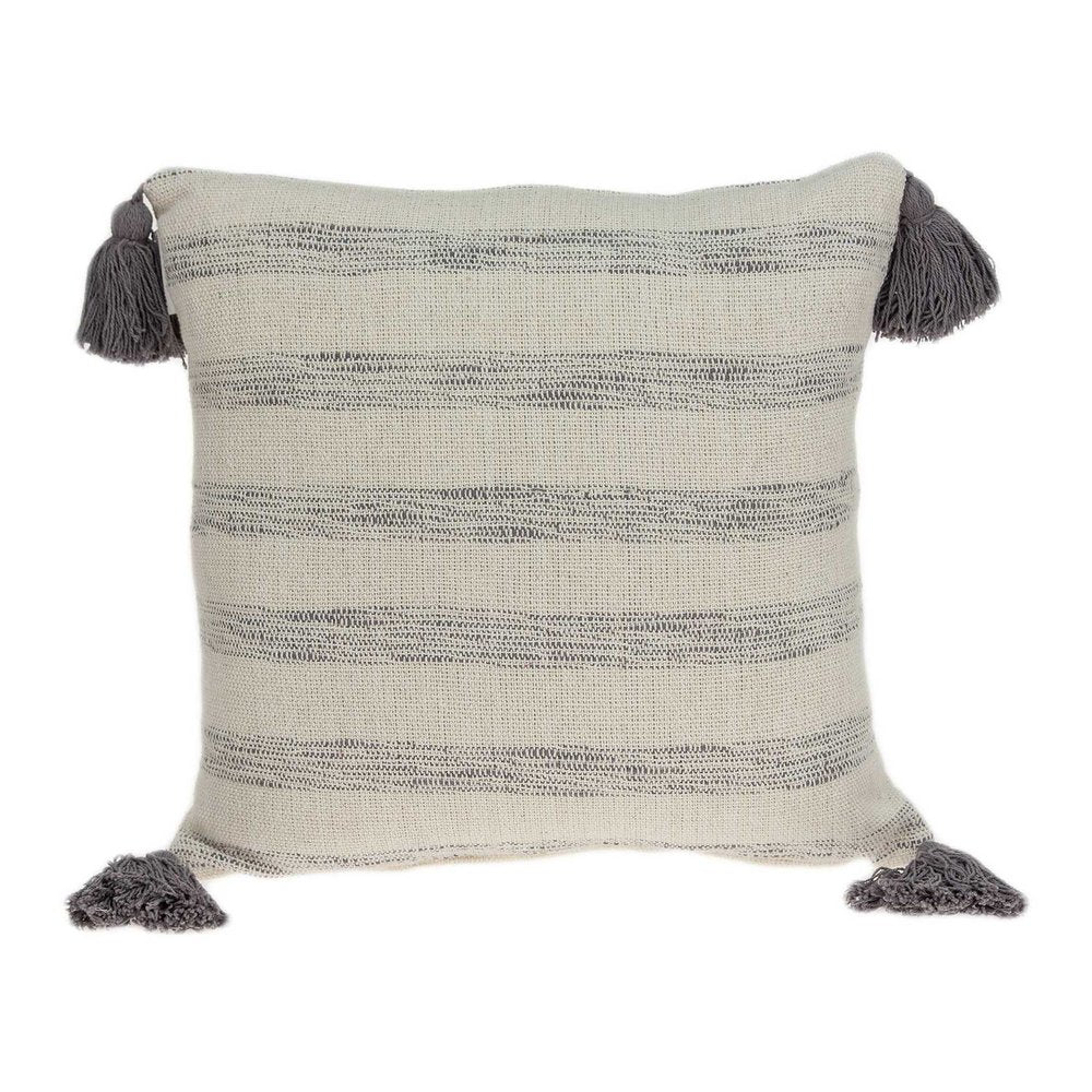 18" Beige and Gray Striped Cotton Throw Pillow With Tassels — view 1