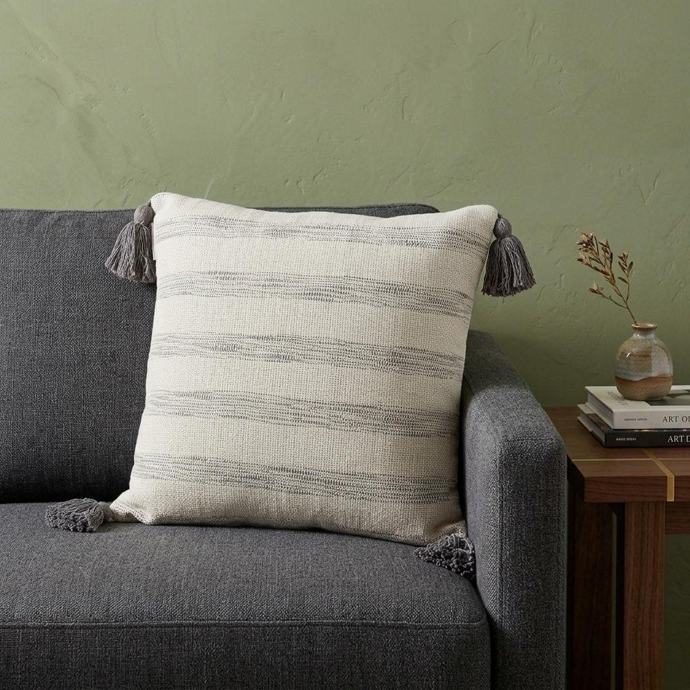 18" Beige and Gray Striped Cotton Throw Pillow With Tassels — view 6