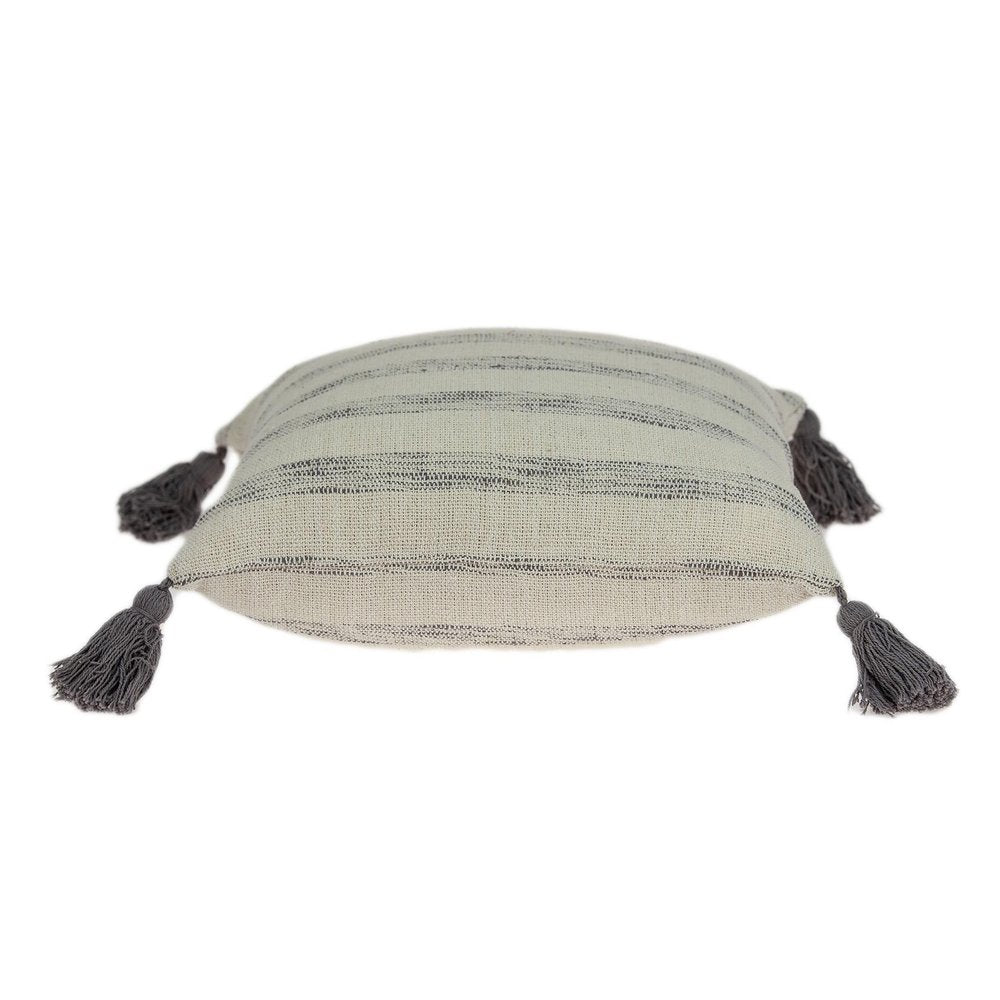 18" Beige and Gray Striped Cotton Throw Pillow With Tassels — view 2