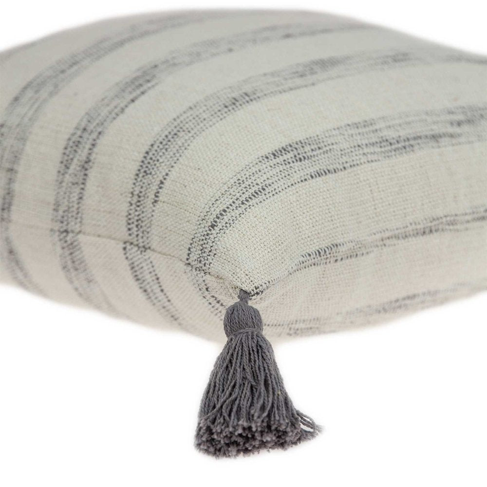 18" Beige and Gray Striped Cotton Throw Pillow With Tassels — view 3