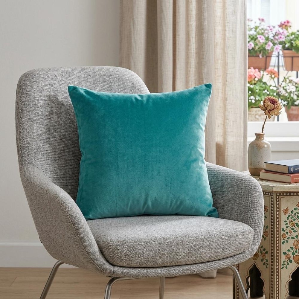 18" X 7" X 18" Transitional Aqua Solid Pillow Cover With Poly Insert — view 6