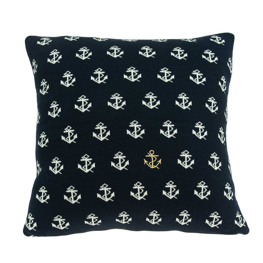 20" Blue and Off White Reversible Nautical Anchor Cotton Throw Pillow — view 1