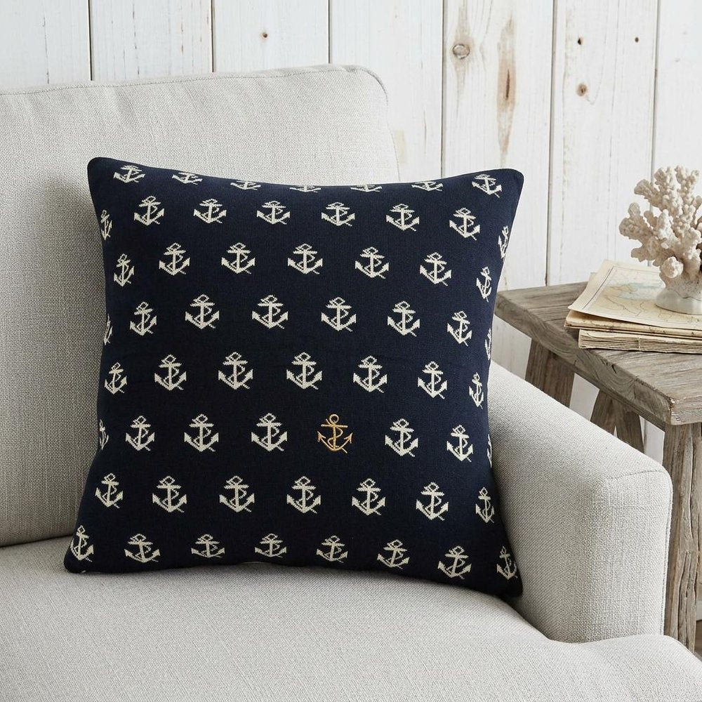 20" Blue and Off White Reversible Nautical Anchor Cotton Throw Pillow — view 7