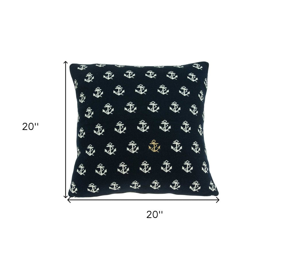 20" Blue and Off White Reversible Nautical Anchor Cotton Throw Pillow — view 5
