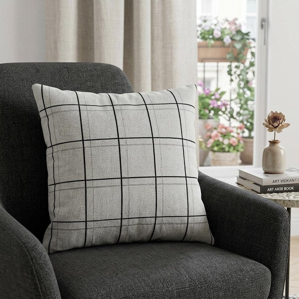 20" Gray Plaid Cotton Throw Pillow — view 7
