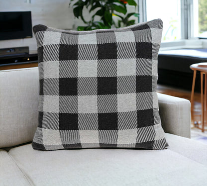 20" Gray Plaid Cotton Throw Pillow