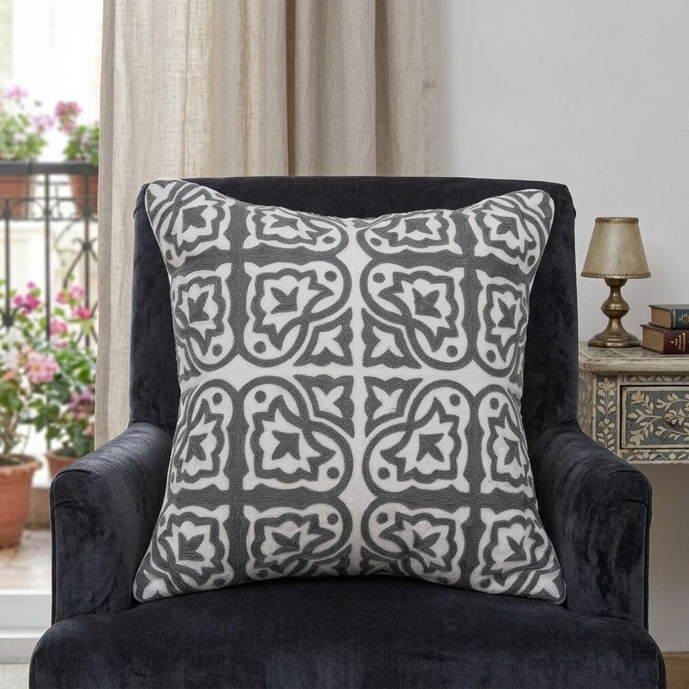 20" Gray And White Stencil Cotton Throw Pillow — view 9
