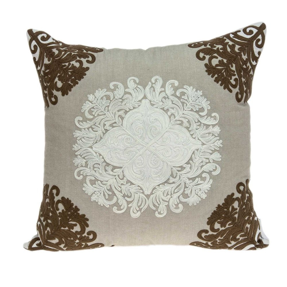 20" Beige Damask Cotton Throw Pillow — view 1