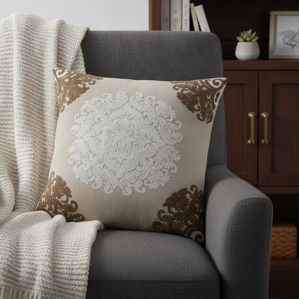 20" Beige Damask Cotton Throw Pillow — view 9