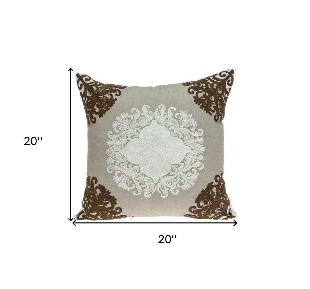 20" Beige Damask Cotton Throw Pillow — view 6