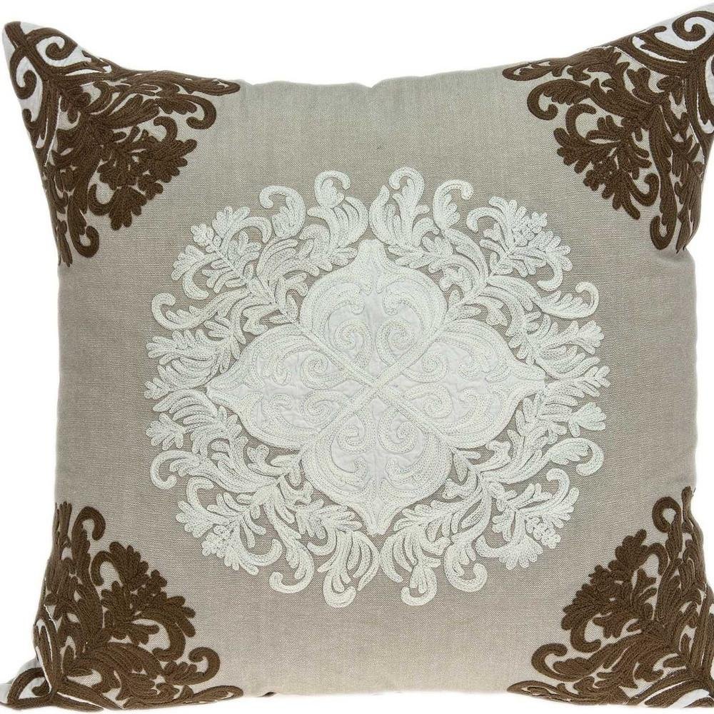 20" Beige Damask Cotton Throw Pillow — view 8