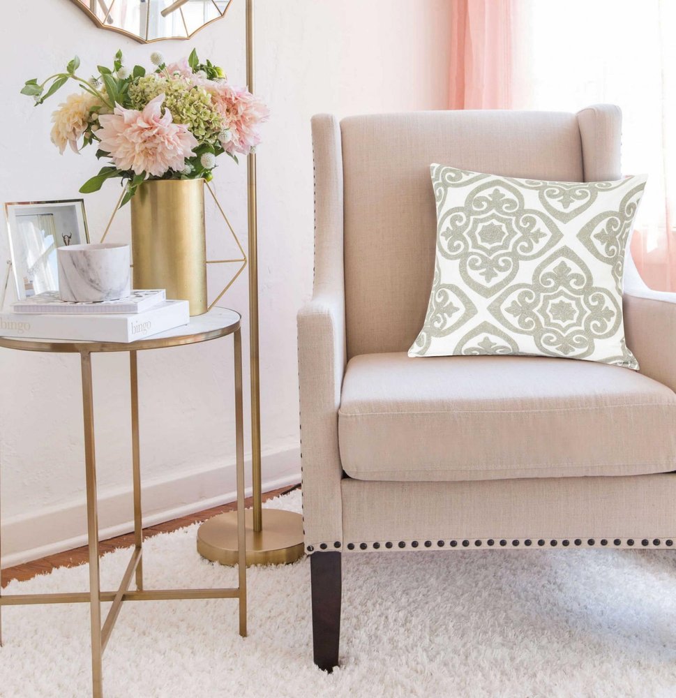 20" Ivory Damask Cotton Throw Pillow — view 2