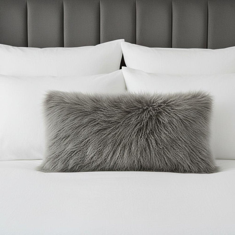 17" Grey Genuine Tibetan Lamb Fur Pillow With Microsuede Backing — view 6
