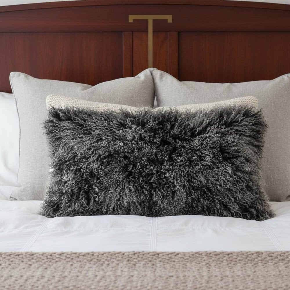 17" Black Genuine Tibetan Lamb Fur Pillow With Microsuede Backing — view 1