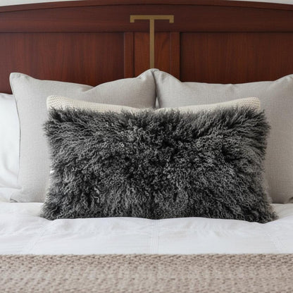 17" Black Genuine Tibetan Lamb Fur Pillow With Microsuede Backing