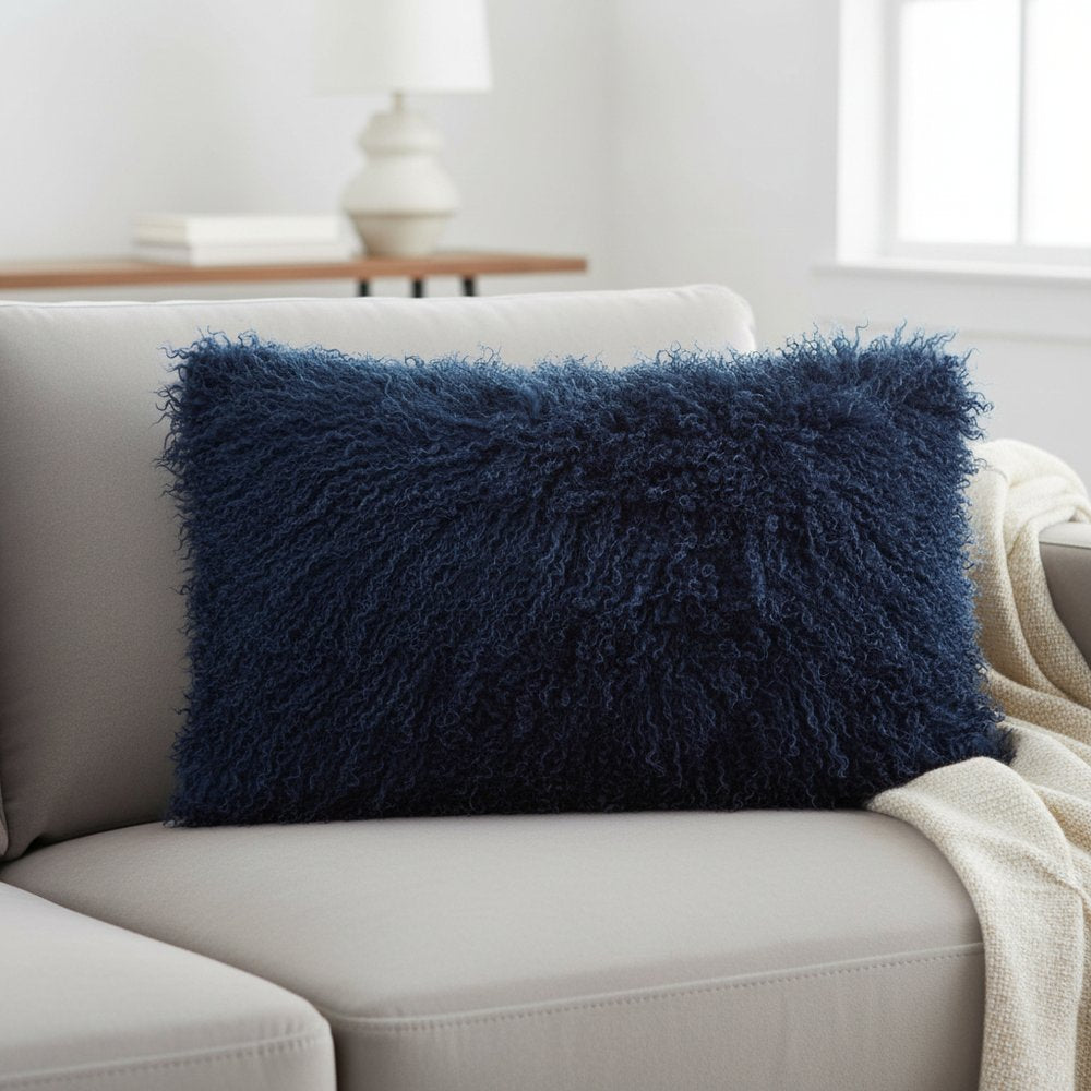 17" Navy Blue Genuine Tibetan Lamb Fur Pillow With Microsuede Backing — view 4