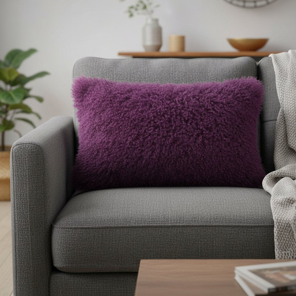 17" Purple Genuine Tibetan Lamb Fur Pillow With Microsuede Backing — view 1