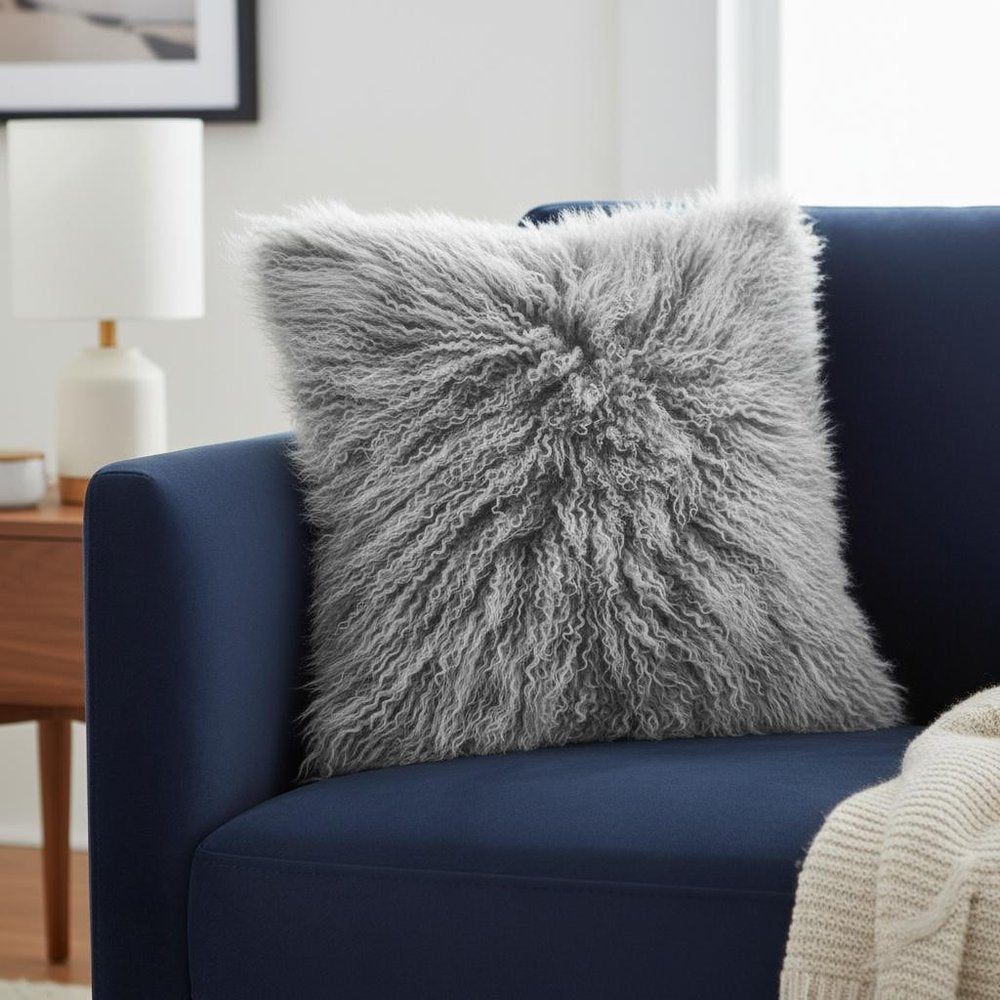 20" Grey Genuine Tibetan Lamb Fur Pillow With Microsuede Backing — view 1