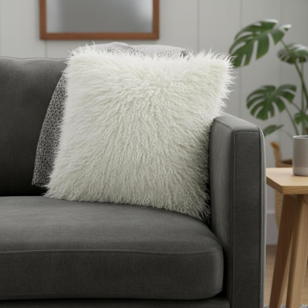 20" Creamy White Genuine Tibetan Lamb Fur Pillow With Microsuede Backing — view 1