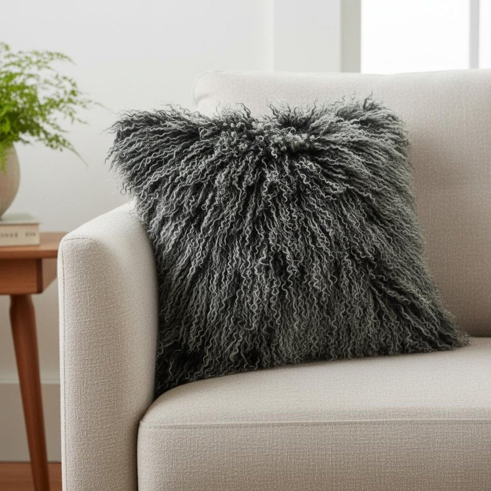 20" Black White Genuine Tibetan Lamb Fur Pillow With Microsuede Backing — view 1