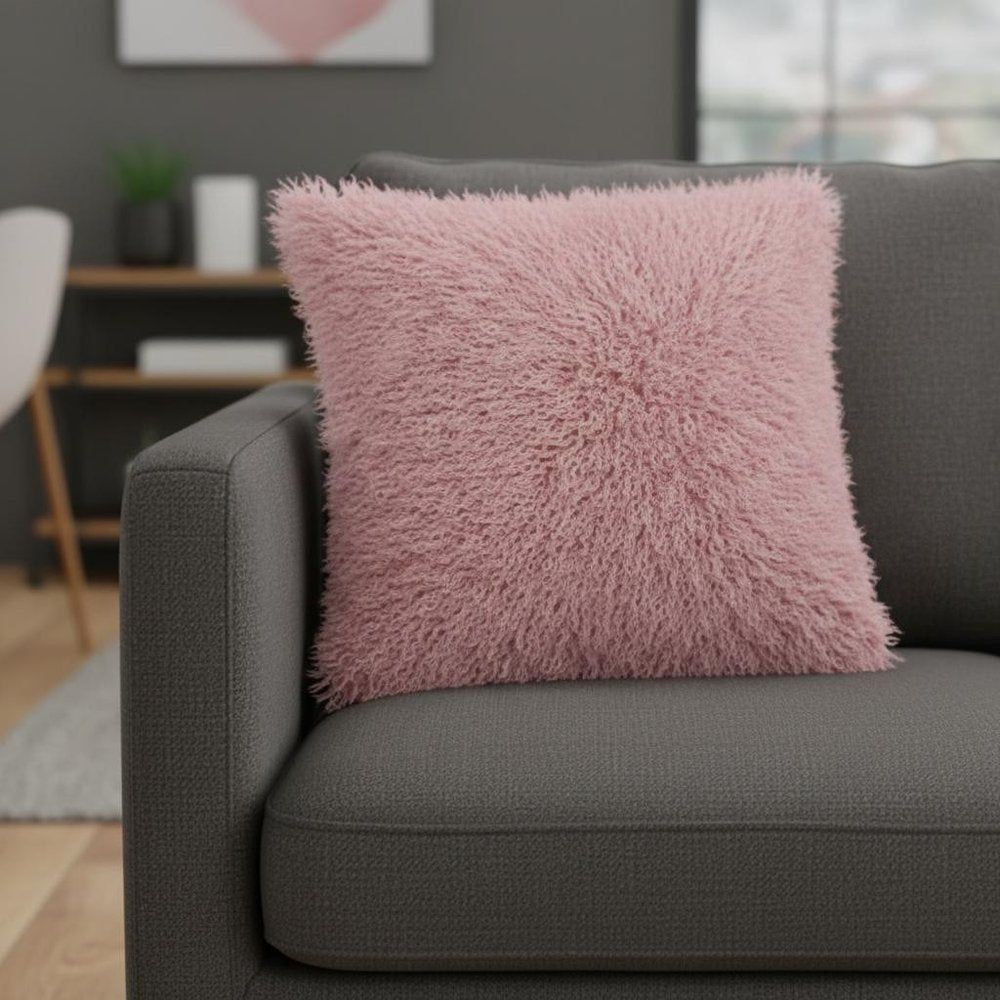 20" Pink Genuine Tibetan Lamb Fur Pillow With Microsuede Backing — view 1