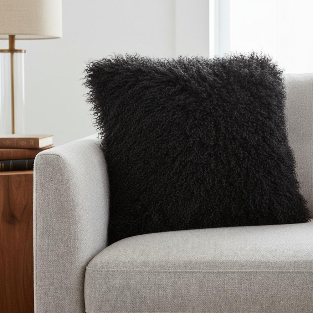 20" Black Genuine Tibetan Lamb Fur Pillow With Microsuede Backing — view 1
