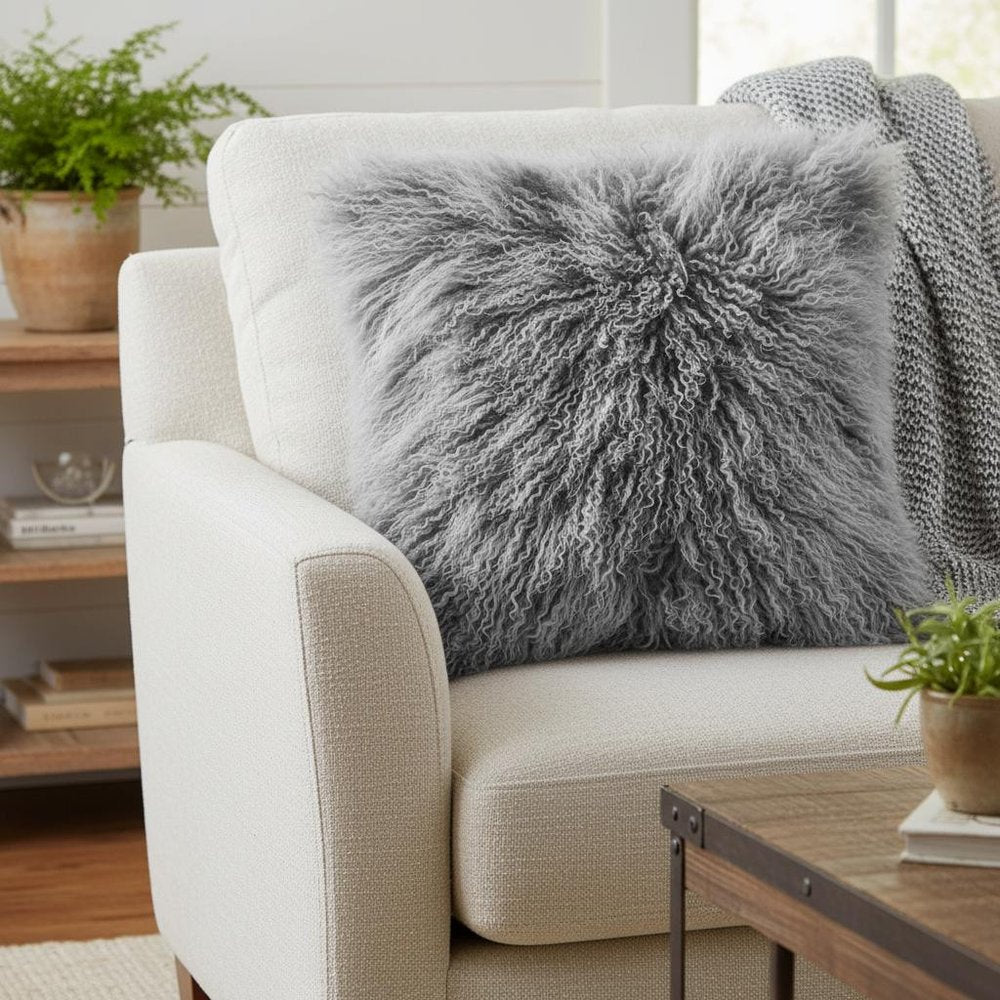 24" Grey Genuine Tibetan Lamb Fur Pillow With Microsuede Backing — view 1