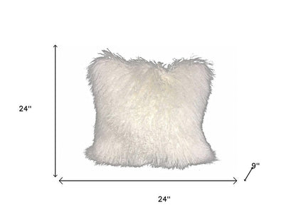 24" Bright White Genuine Tibetan Lamb Fur Pillow With Microsuede Backing