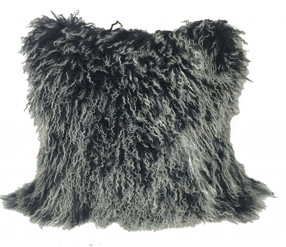 24" Black Genuine Tibetan Lamb Fur Pillow With Microsuede Backing — view 2