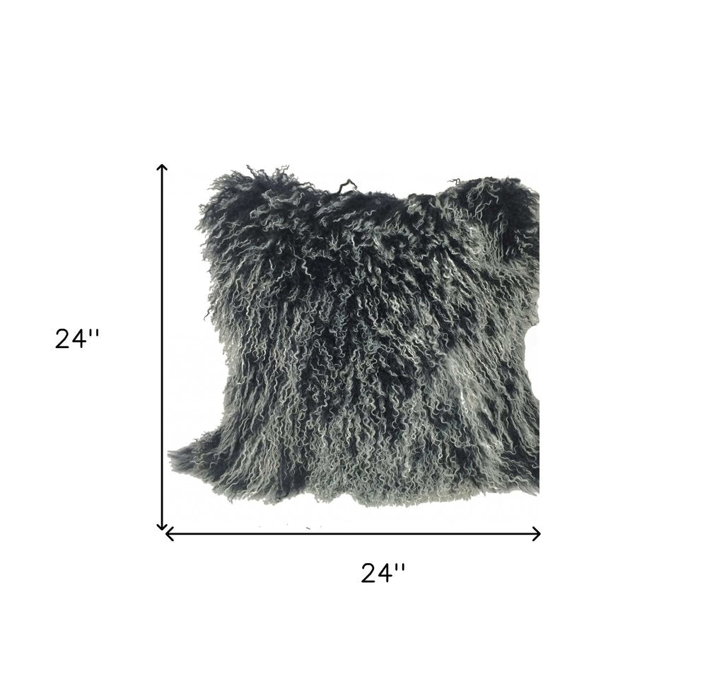 24" Black Genuine Tibetan Lamb Fur Pillow With Microsuede Backing — view 4