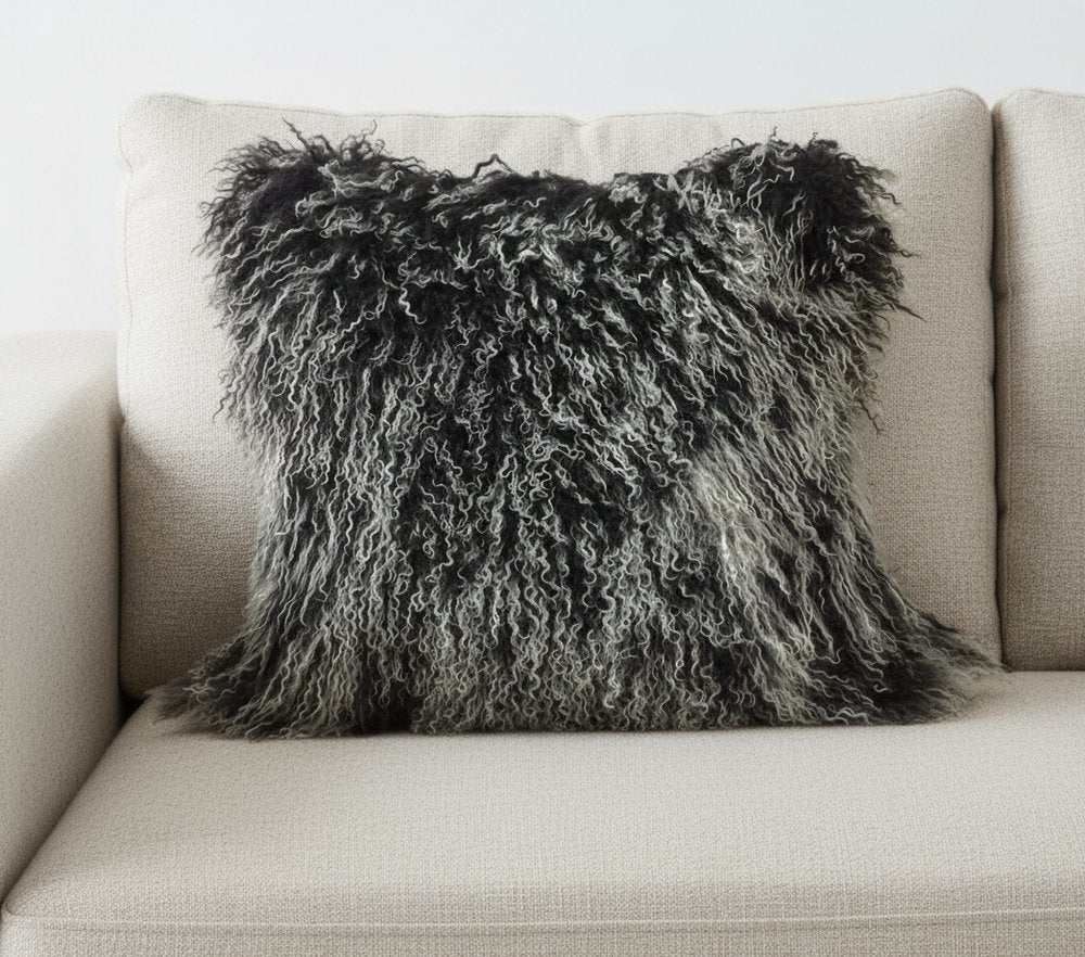 24" Black Genuine Tibetan Lamb Fur Pillow With Microsuede Backing