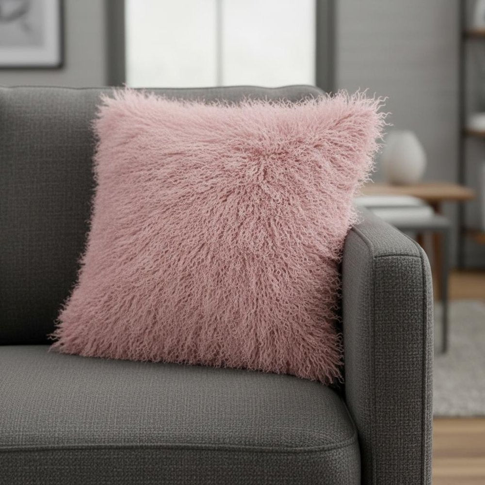 24" Pink Genuine Tibetan Lamb Fur Pillow With Microsuede Backing — view 1