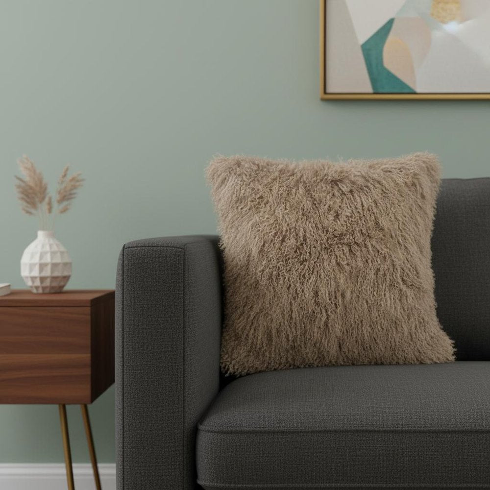 24" Beige Genuine Tibetan Lamb Fur Pillow With Microsuede Backing — view 1