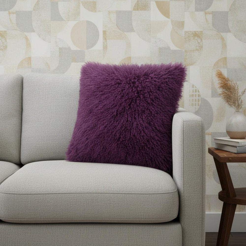 24" Purple Genuine Tibetan Lamb Fur Pillow With Microsuede Backing — view 1