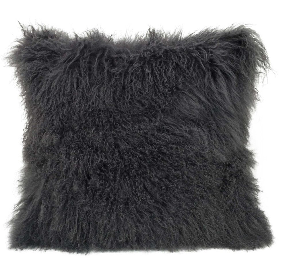 24" Charcoal Genuine Tibetan Lamb Fur Pillow With Microsuede Backing — view 2
