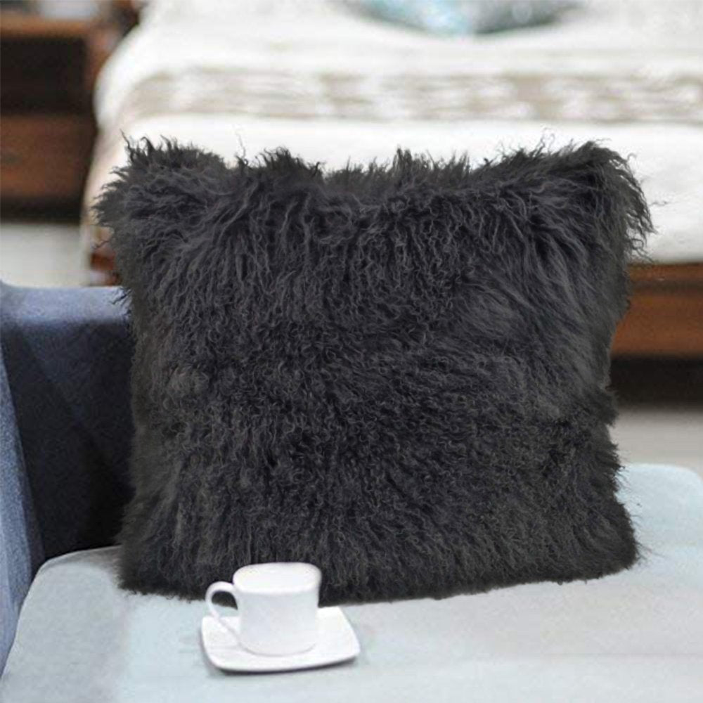 24" Charcoal Genuine Tibetan Lamb Fur Pillow With Microsuede Backing — view 4