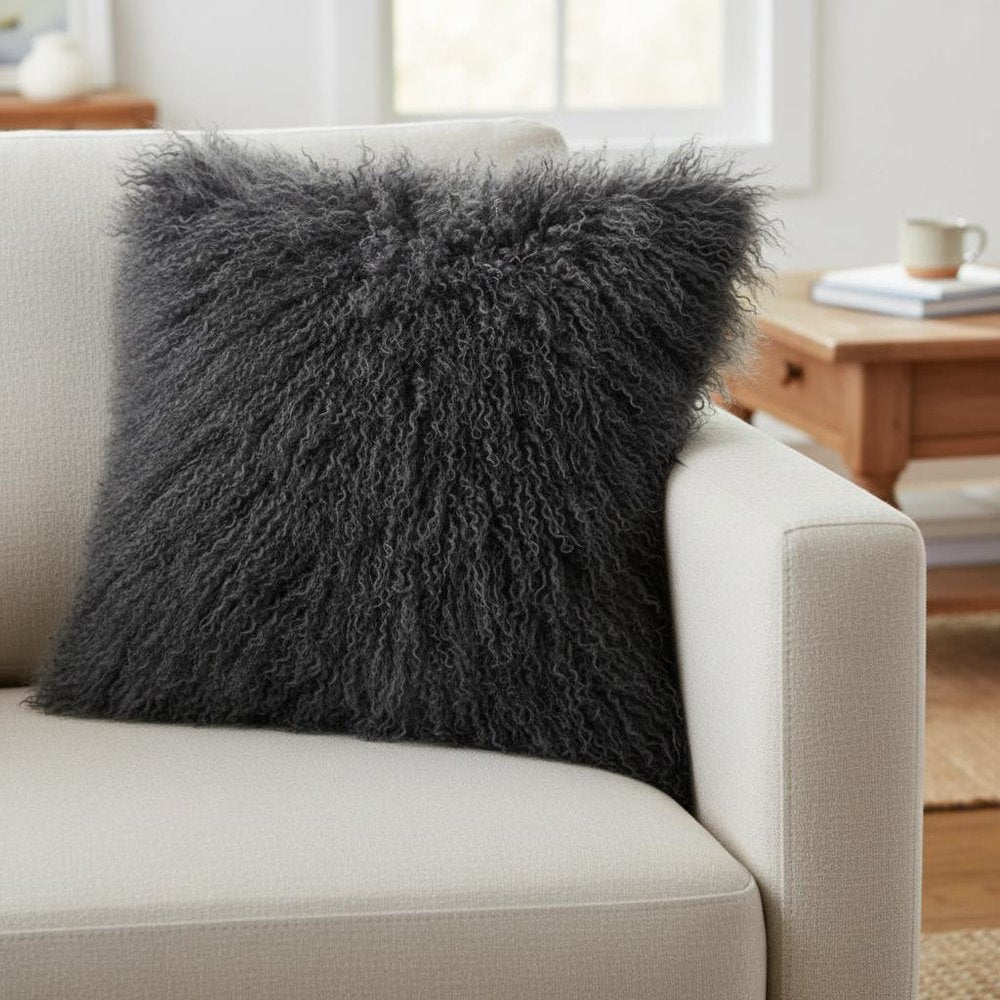 24" Charcoal Genuine Tibetan Lamb Fur Pillow With Microsuede Backing — view 1