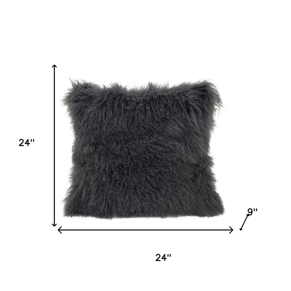 24" Charcoal Genuine Tibetan Lamb Fur Pillow With Microsuede Backing — view 5