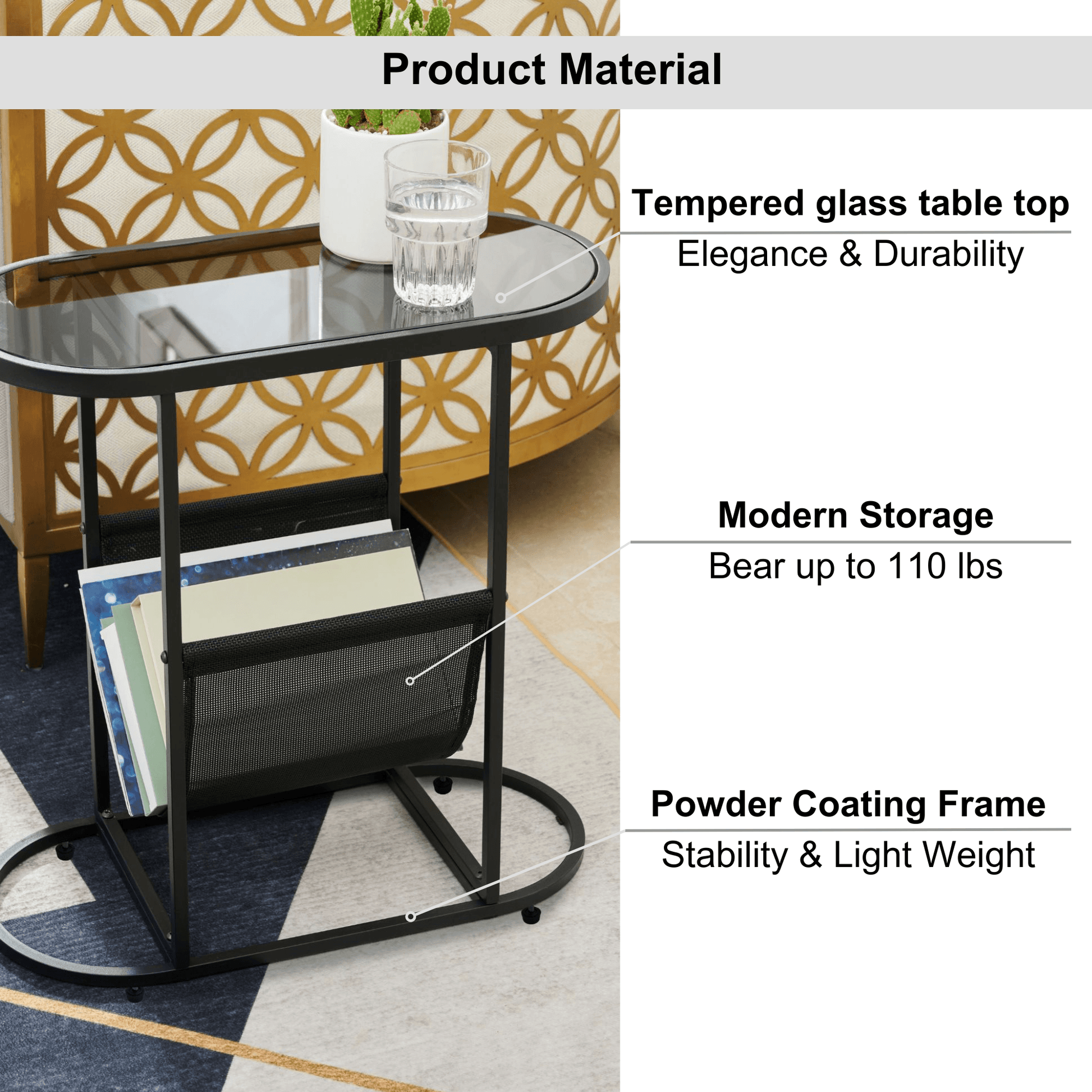 Glass Oval Small Side Tables Living Room Small Space With Magazines Organizer Storage Space (Set of 2) - FurniFindUSA