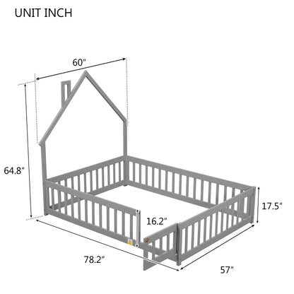 Full House-Shaped Headboard Floor Bed with Fence Grey - FurniFindUSA