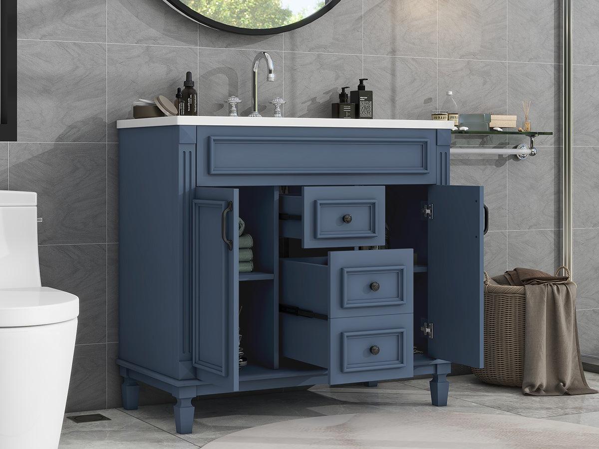 36 inch blue bathroom vanity with top sink, 2 soft doors and 2 drawers, single sink bathroom vanity - FurniFindUSA